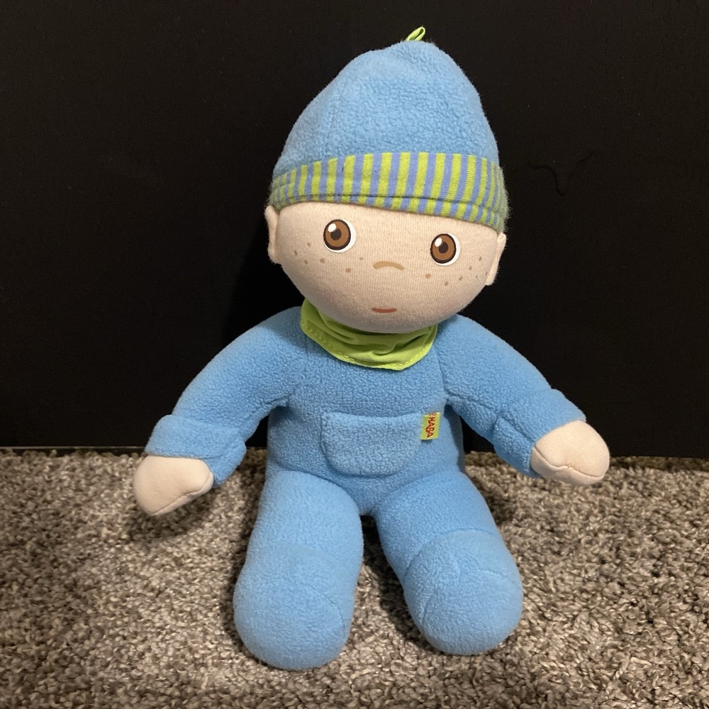 HABA Snug Up Luis Boy Plush Baby Dolls Blue Outfit Bean Filled Germany 7"
